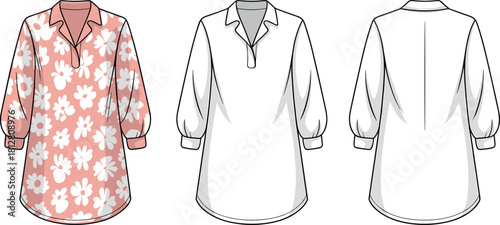 Floral tunic blouse fashion flat, technical garment sketch with cuffed sleeves and open V-neck collar, apparel sewing pattern vector illustration