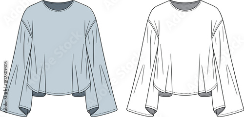 Wide-sleeve cropped top fashion flat, technical garment sketch with flared sleeves and relaxed silhouette, apparel design template vector illustration