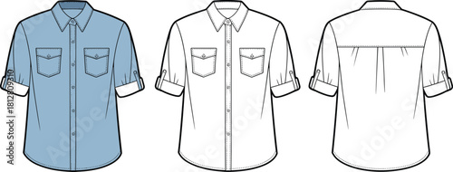 Classic button-up shirt fashion flat, technical garment sketch with rolled sleeves and chest pockets, apparel design template vector illustration