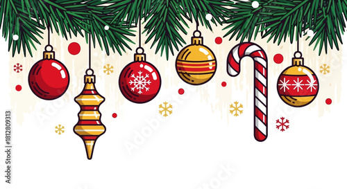 A festive Christmas scene featuring evergreen branches adorned with traditional ornaments like red baubles, golden finials, and a candy cane.