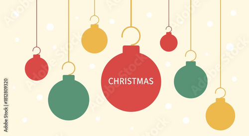 Christmas ornaments hanging with the word Christmas in the center, festive and decorative.