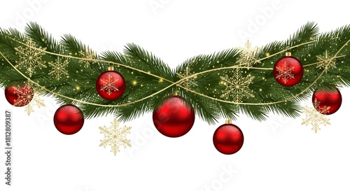 Festive Christmas garland with green fir branches, red baubles, and golden snowflakes on a white background, perfect for holiday decorations.