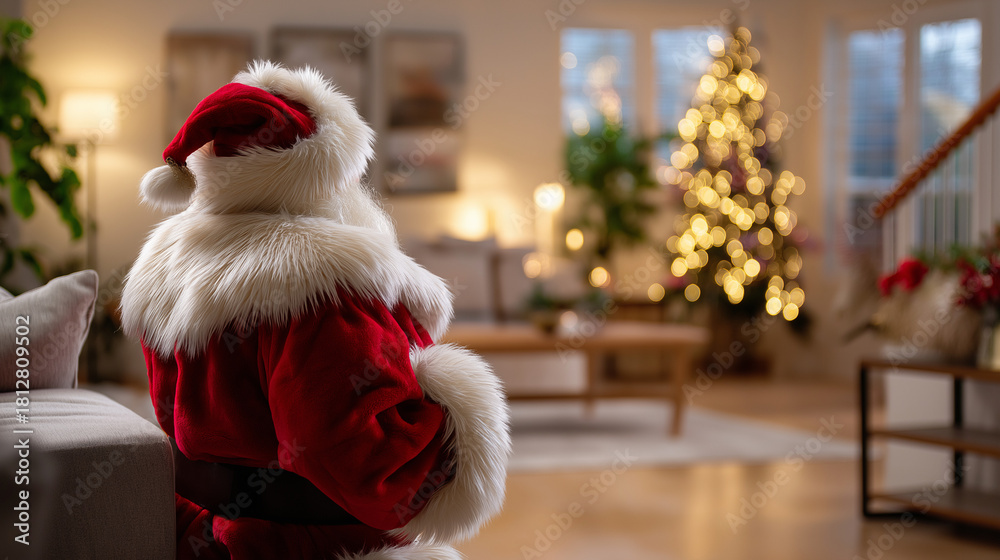 Obraz premium Faceless Santa figure seen from behind entering a warmly lit living room, soft-focus holiday lights and evergreen decor creating gentle seasonal mood, with copy space
