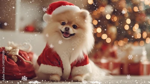Pomeranian Dog in Santa Costume with Falling Snow in Festive Christmas Setting