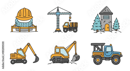 Colorful construction icons set featuring cranes, hard hat, and heavy machinery