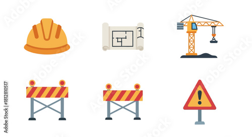 Construction icons: hard hat, blueprints, crane, road barricades, safety sign