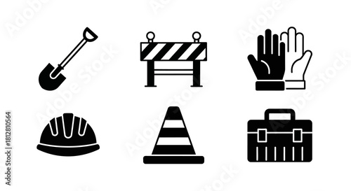 Construction icons set: essential tools and equipment in simple silhouette style