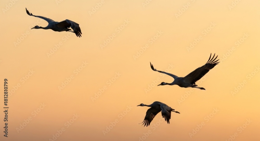 Naklejka premium Silhouetted cranes in flight, golden sunrise