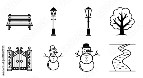 Winter park elements: line art icons for seasonal designs