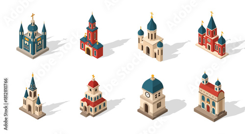 Charming isometric church designs with diverse architectural styles