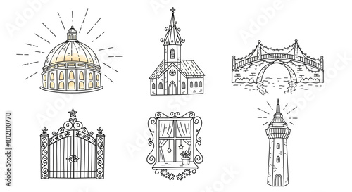 Charming line art of european architecture icons including church, bridge, and lighthouse