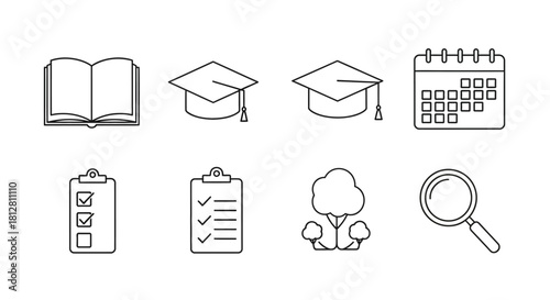 Education and planning icons in linear design: book, graduation cap, calendar, checklist, tree, magnifying glass