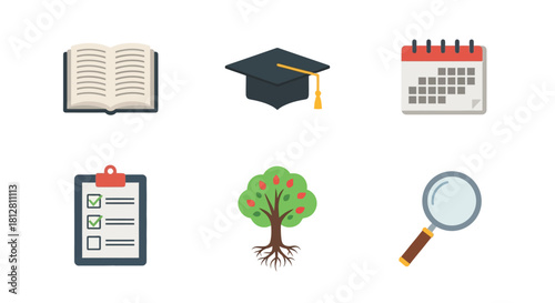 Educational icons set: book, cap, calendar, checklist, tree, magnifying glass
