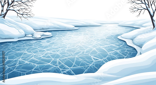 Frozen river with fractured ice in winter landscape illustration style.