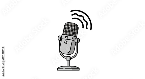 Retro microphone with sound waves on white background