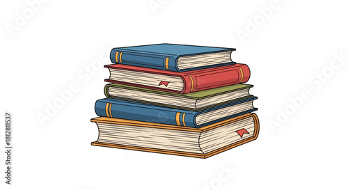 Colorful stack of classic hardcover books with bookmarks on white background