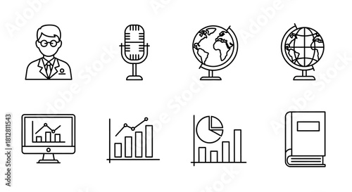 Linear icons of business and education: charts, globe, microphone, computer, book