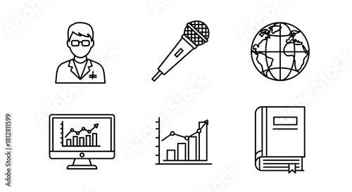 Linear business and education icons: professional, global, and technology themes