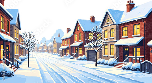 Snowy suburban street lined with houses glows with winter light