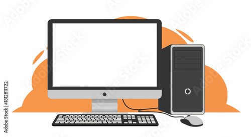 Modern computer setup with desktop monitor and tower against orange cloud background