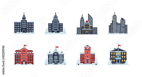 Classic and modern urban buildings in flat design with winter elements