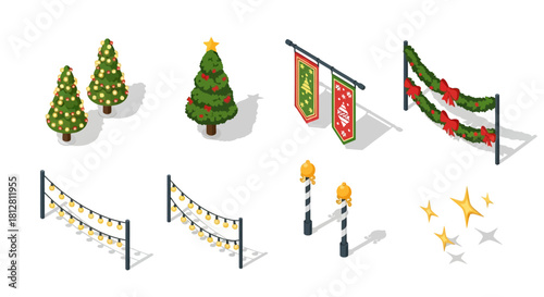 Festive isometric christmas decorations with garlands and banners