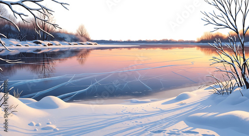 Serene frozen lake landscape reflects a colorful winter sunset sky.