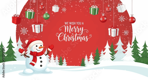 Festive Christmas Scene with Snowman, Gifts, and Decorations on a Red Background - Merry Christmas Wishes