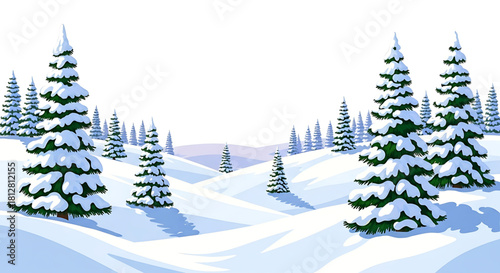 Snowy winter landscape with evergreen trees covered in deep snow.