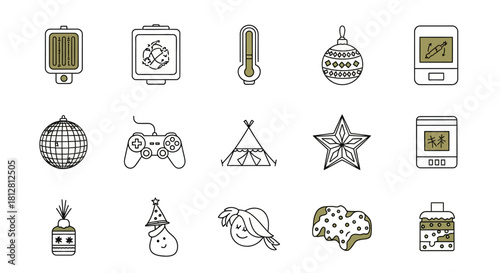 Festive linear icons set: holiday ornaments, thermometer, game controller, and more