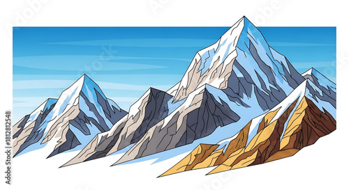 Cartoon illustration of snowy mountain peaks against a blue sky