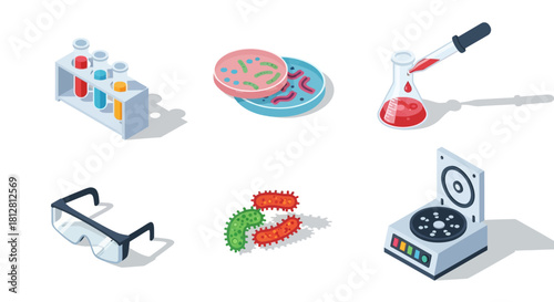 Colorful isometric lab equipment set with test tubes and bacteria