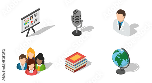 Isometric icons of education and communication: diverse set featuring globe, microphone, and presentation board