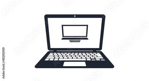 Minimalist black and white laptop icon with screen reflection for technology design