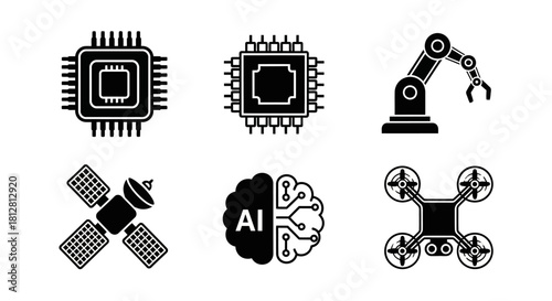 Silhouette icons of technology: ai, microchips, robotics, satellites, and drones
