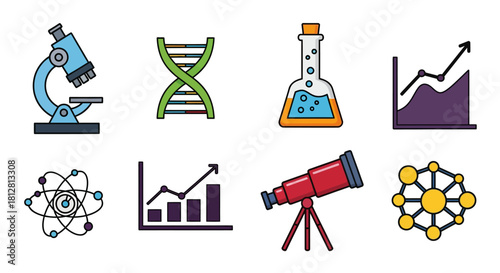 Colorful science icons featuring microscope and dna strand for educational design