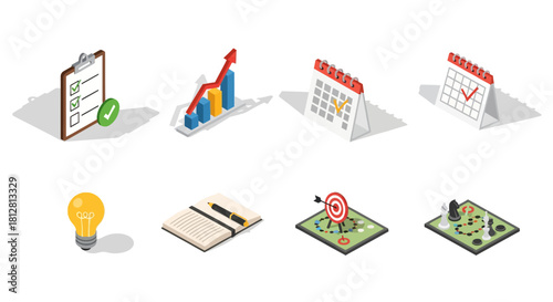 Isometric business icons: growth, strategy, planning, success, innovation, and organization