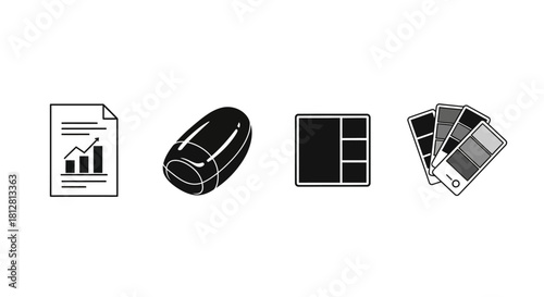 Business and design essentials: chart, eraser, layout, and color palette icons