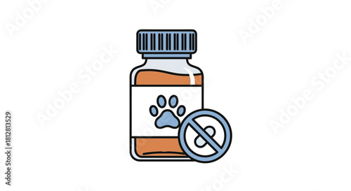 Pet medication icon with paw and prohibition symbol in minimalist style