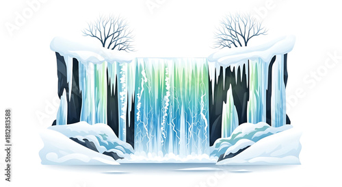 Winter Waterfall Landscape: Ice and Snow Illustration on Isolated Background