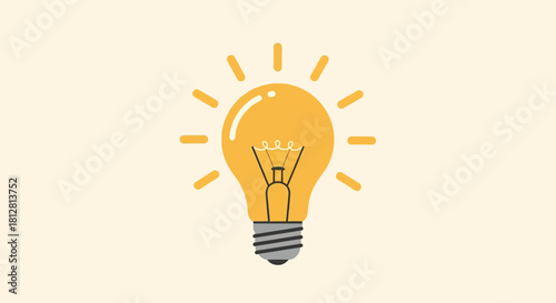 Yellow light bulb icon on beige background with radiating lines