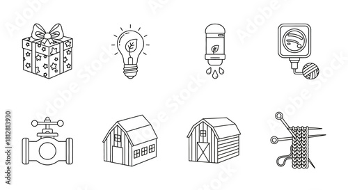 Linear eco gift ideas concept with recycled items and diy symbols in minimal style