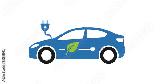 Electric car with leaf icon and charging plug - eco-friendly transport concept