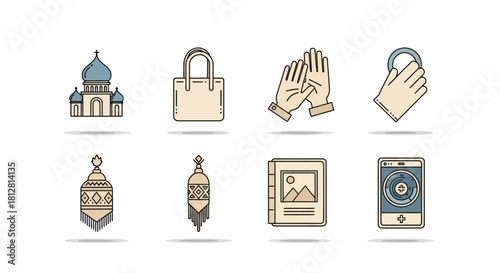 Minimalist line art icons featuring architecture, fashion, and technology elements