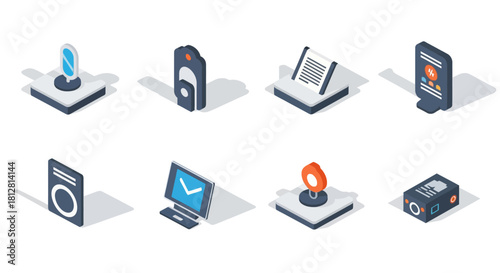 Isometric office icons for digital and print design: modern devices and stationery