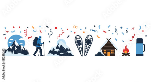 Vibrant winter hiking and camping elements with mountains and confetti in flat design