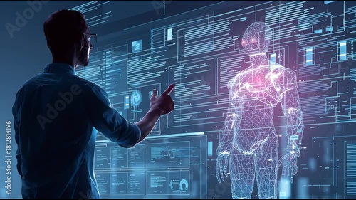 A collage of futuristic AI interface images showing digital data, holographic screens, and human hands interacting with virtual technology in a cyber-inspired environment.