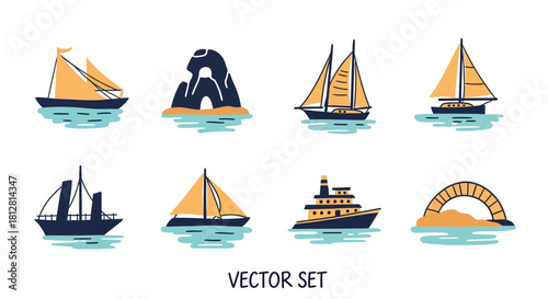 Nautical themed graphic set featuring boats and coastal elements in flat style