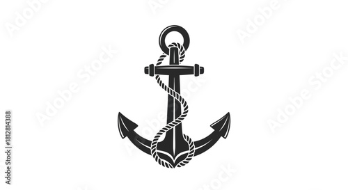 Nautical black anchor design with rope on white background