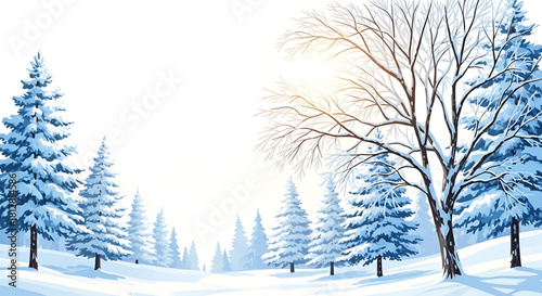 Snowy winter landscape scene with pine trees and bright sunlight.